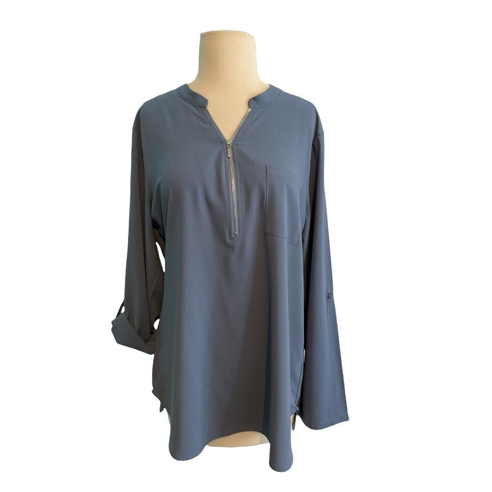 Large Furnex Blue 1/4 zip Tunic Blouse Roll Tab Sleeve